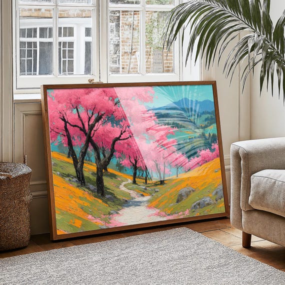 Cherry Blossom Path Canvas Vibrant Spring Landscape Wall Art Pink Flower Trees Painting Colorful Nature Print For Home Decor