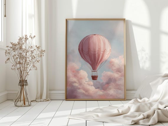 Pink Hot Air Balloon Wall Art Dreamy Cloud Sky Watercolor Canvas Romantic Vintage Aviation Poster Whimsical Nursery Travel Dcor