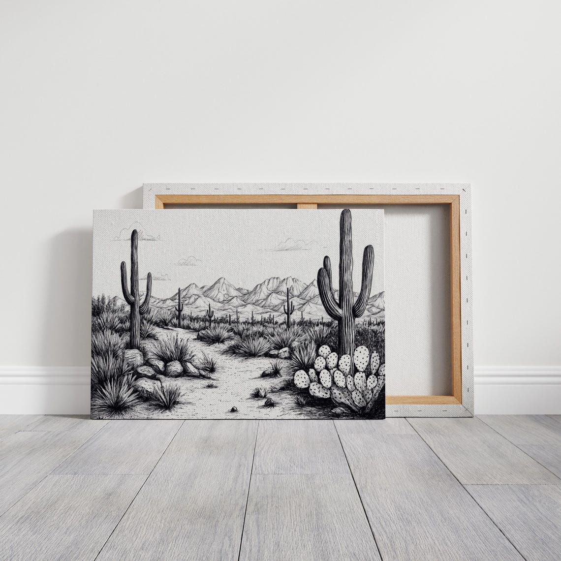 Black and White Ink Drawing of a Saguaro Desert Landscape Poster - Image 2