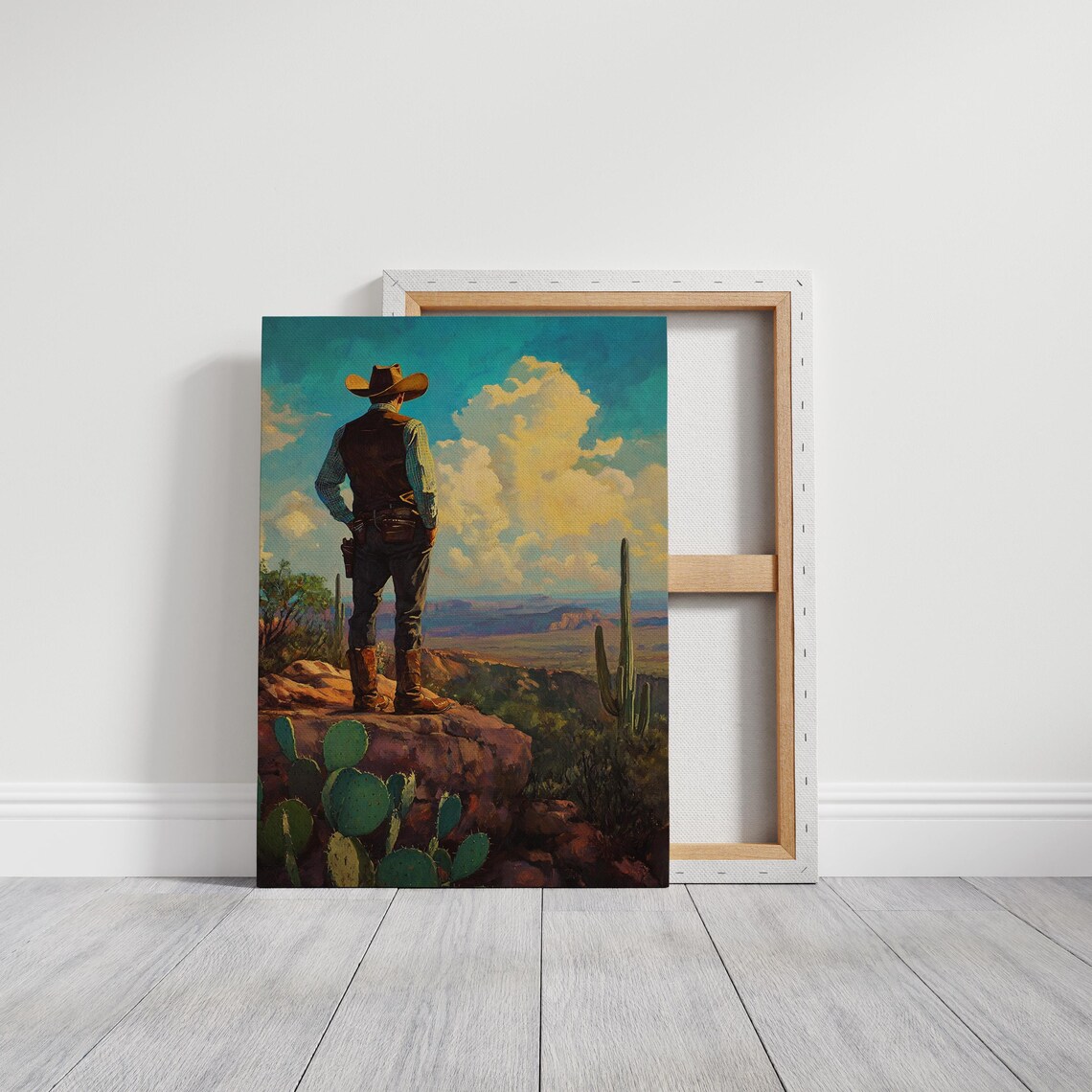 Cowboy Overlooking Desert Valley at Sunset Western Painting Poster - Image 4