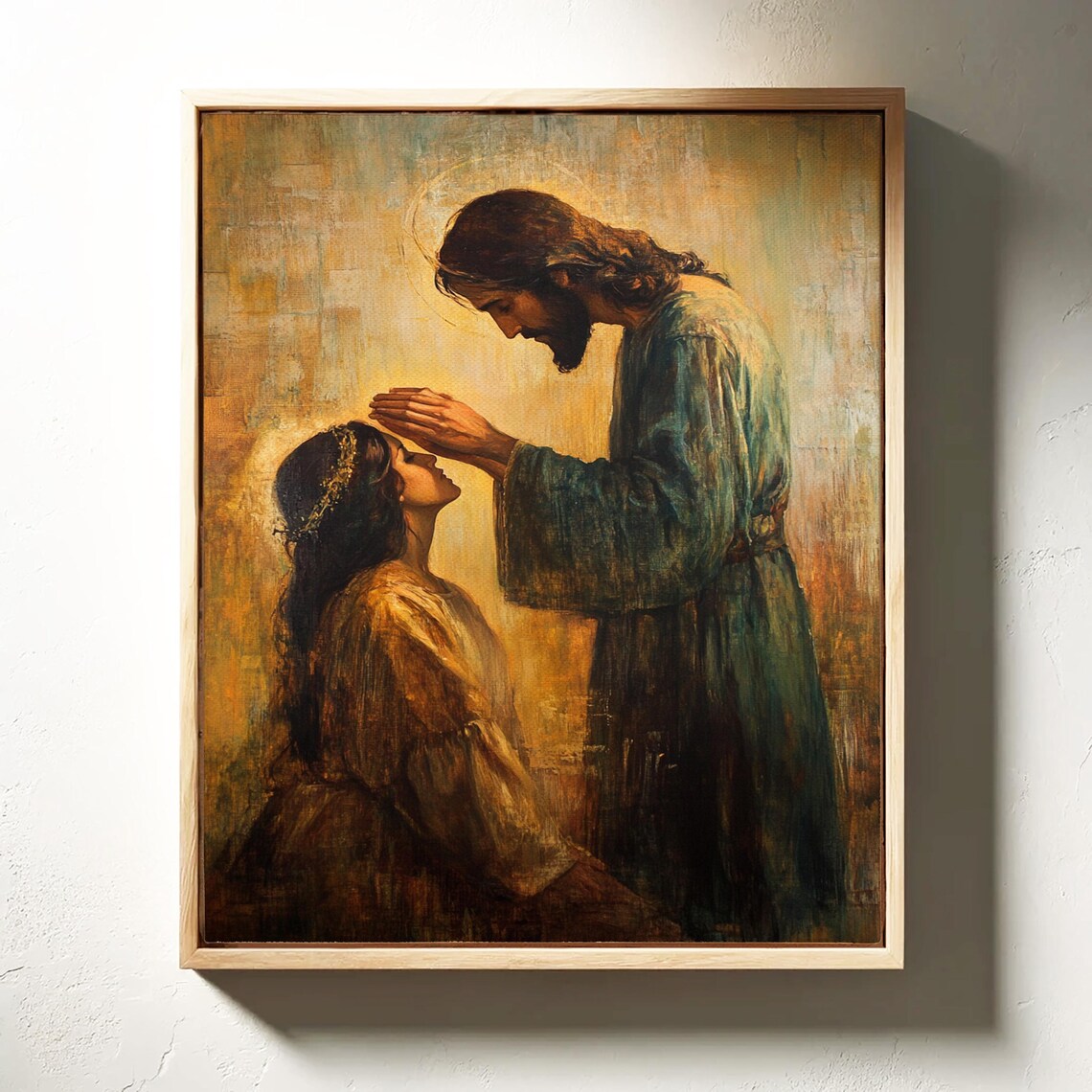 Jesus Blessing a Kneeling Woman in Warm Golden Oil Painting Style Poster - Image 3