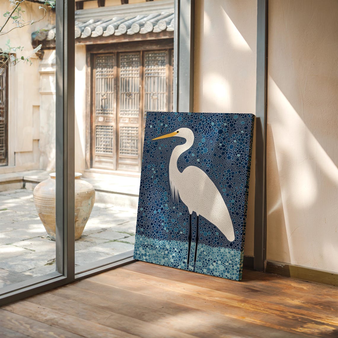 White Egret on Blue Pointillist Dots Coastal Bird Art Poster - Image 2