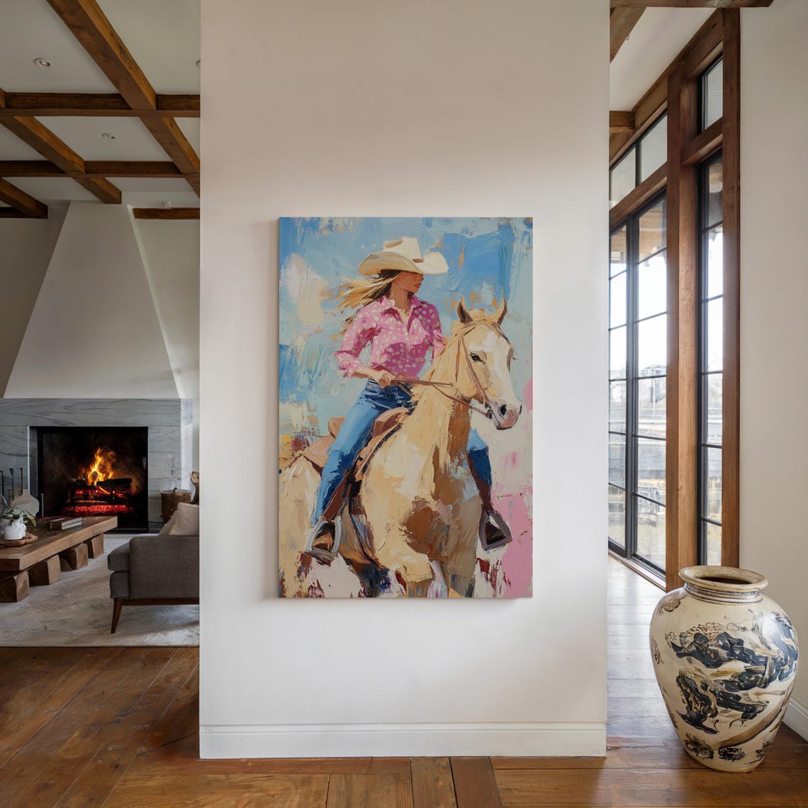 Western Cowgirl Art Bold Acrylic Painting Of Woman On Horse With Pink Shirt Rustic Ranch Decor For Country Style Homes - Image 6