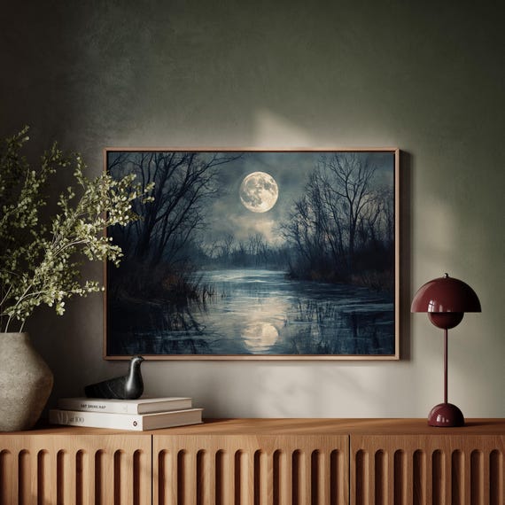 Mystical Moonlit River Landscape Tranquil Nocturnal Wall Art Reflective Water And Full Moon Night Sky