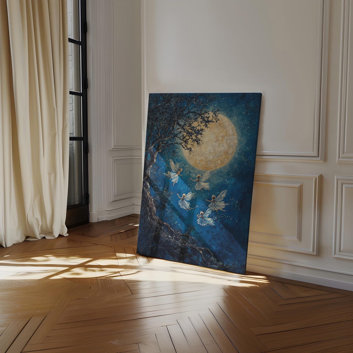 Five Fairies Dancing Under Golden Full Moon Beside Old Tree Poster - Image 3