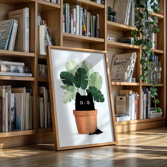 Black Cat Hiding In Plant Pot Illustration