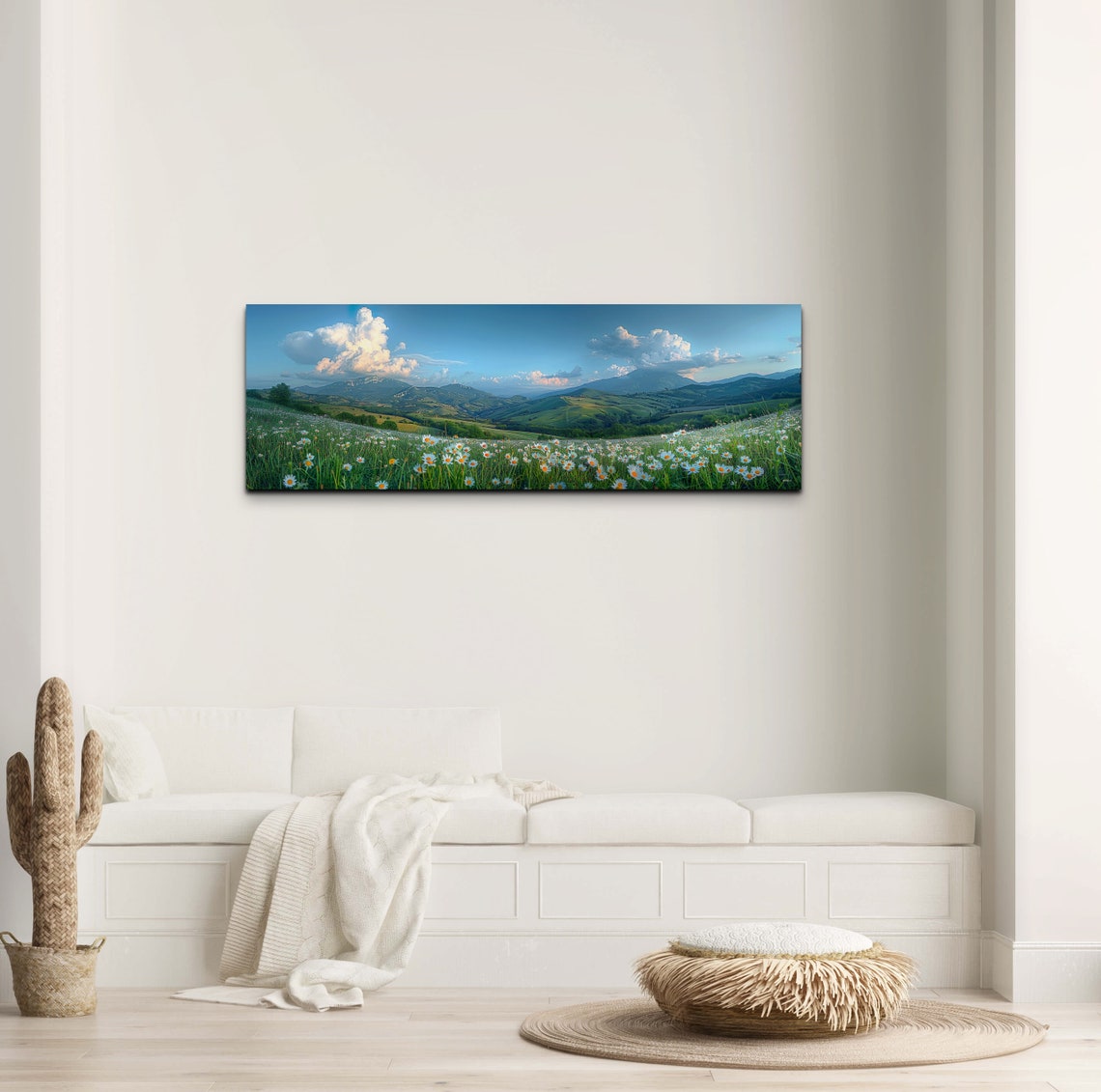 White Daisy Meadow Rolling Green Hills Mountains Dusk Panoramic Print - Image 3