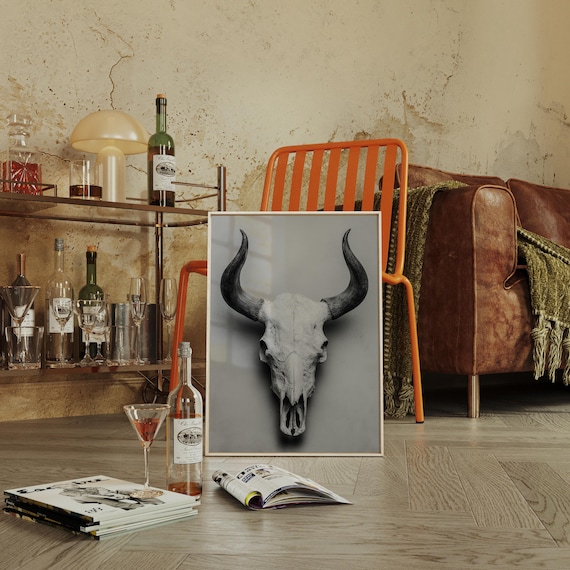 Longhorn Skull Curved Horns Moody Western Black and White Poster