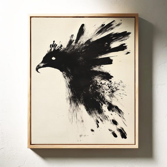 Abstract Black Bird Painting Bold Ink Brush Animal Wall Art