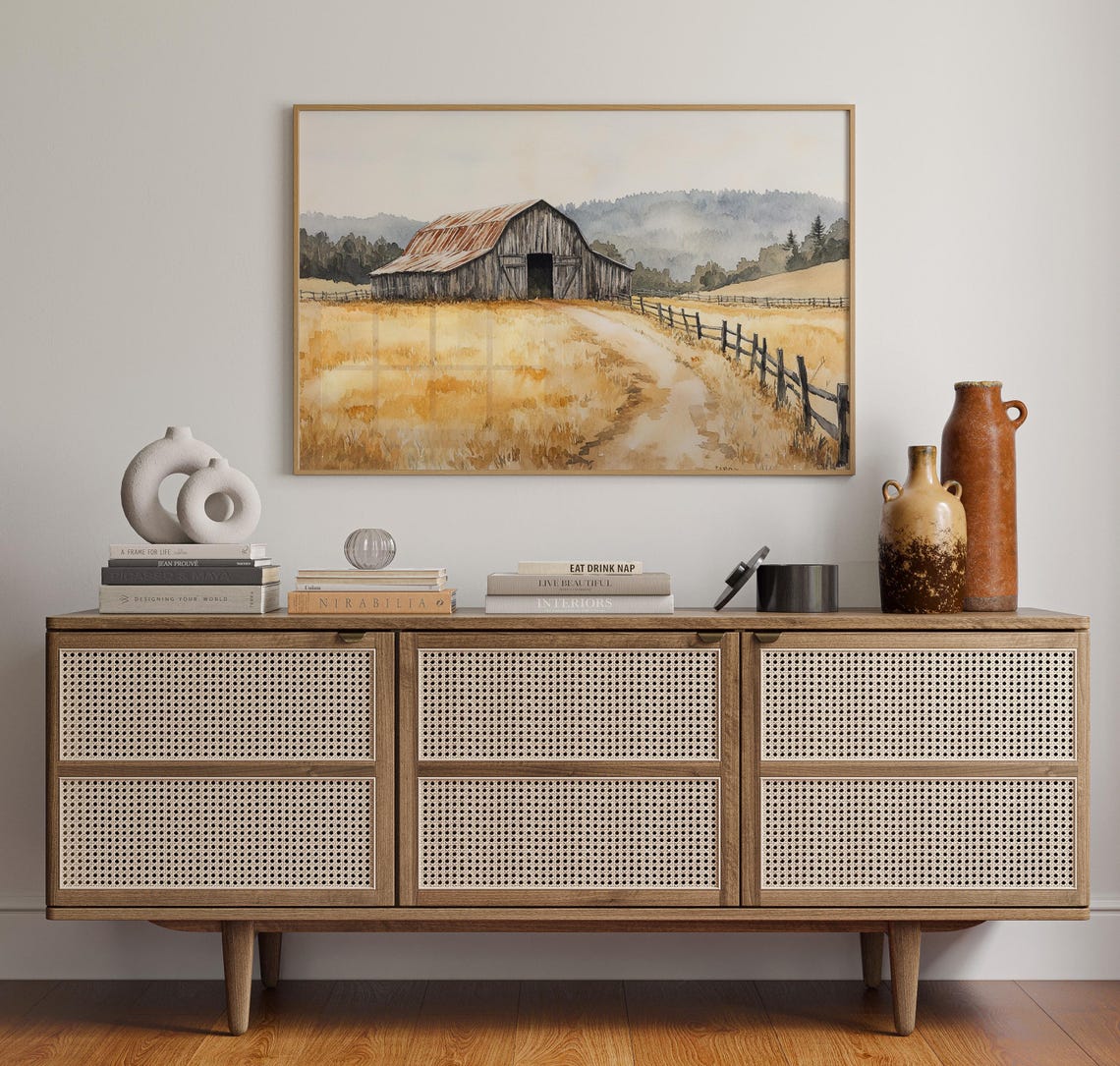 Rustic Barn Watercolor Painting With Golden Fields Farmhouse Poster