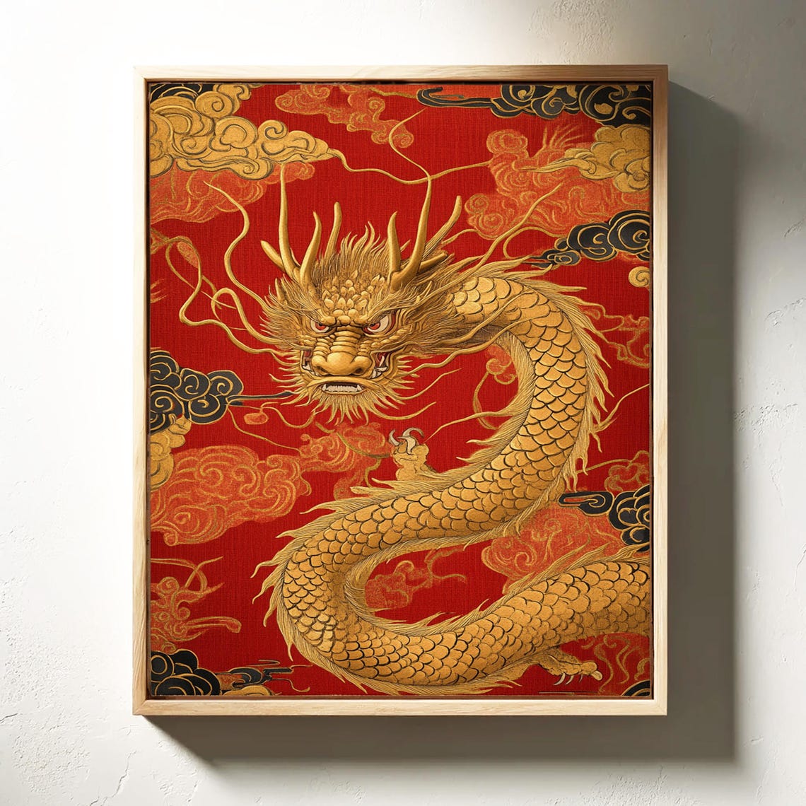 Majestic Golden Chinese Dragon With Clouds On Crimson Red Wall Art - Image 5