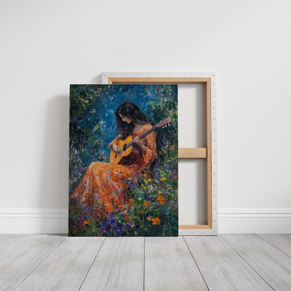 Woman Playing Guitar in a Vibrant Garden, Art Print - Image 3