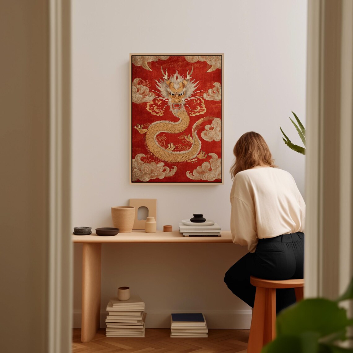 Golden Chinese Dragon On Red Silk With Traditional Cloud Motifs Wall Art - Image 4