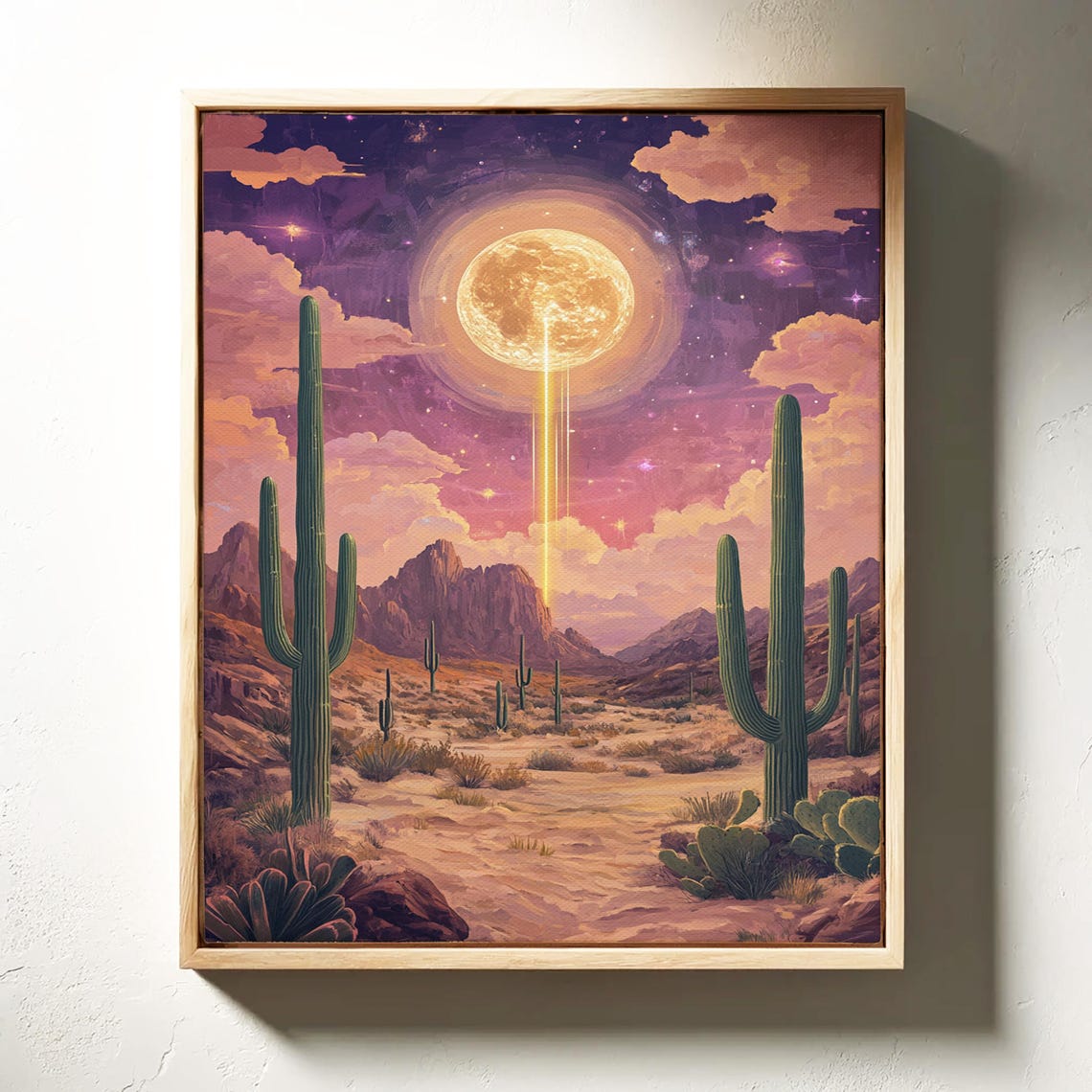 Surreal Cosmic Full Moon Beaming Over Desert Cacti Night Sky Poster - Image 3