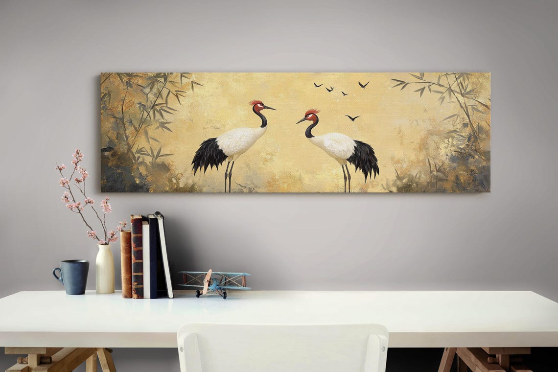 Red Crowned Cranes Facing Each Other Golden Japanese Bamboo Art Poster - Image 4