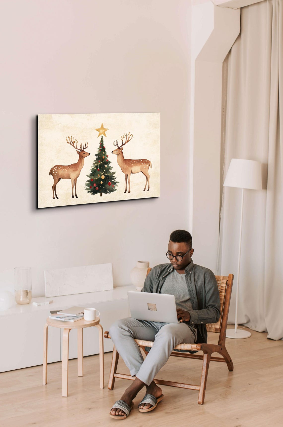 Watercolor Deer Pair Christmas Tree Star Snowy Holiday Poster - Image 5