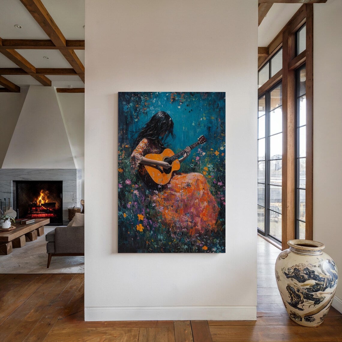 Woman Playing Acoustic Guitar in a Vibrant Wildflower Field Poster - Image 4