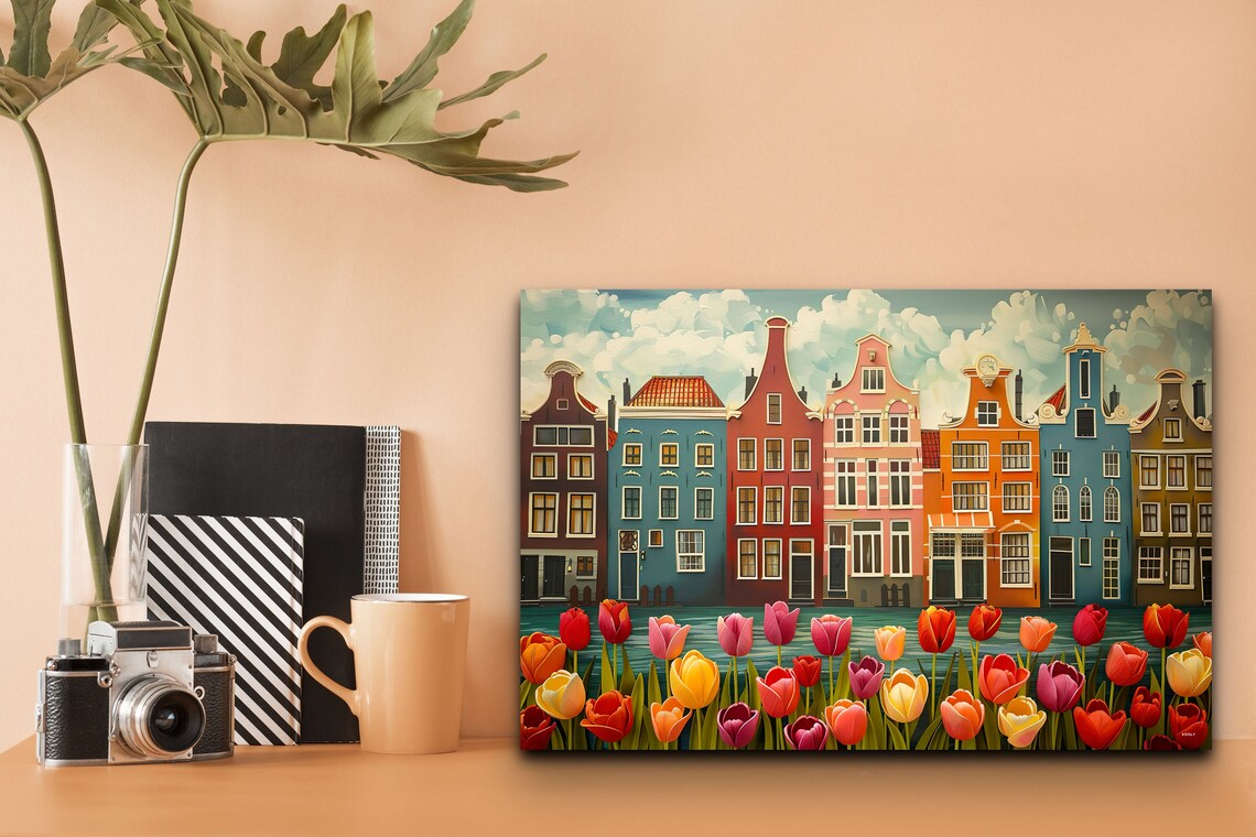 Amsterdam Canal Houses with Colorful Tulips Flower Painting Wall Art - Image 6