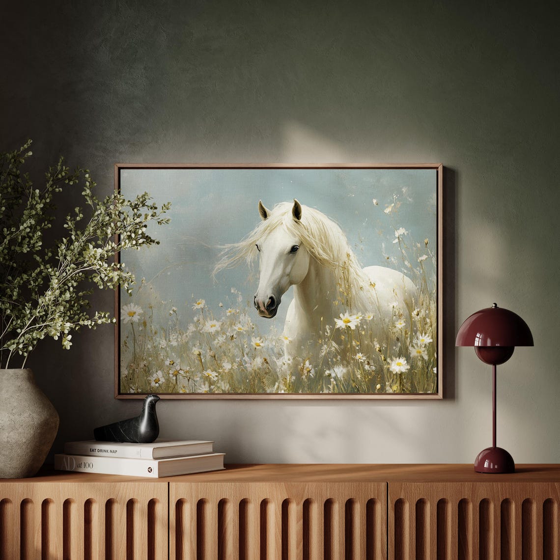 White Horse Among Daisies Gazing Out Dreamy Equine Art Poster - Image 3