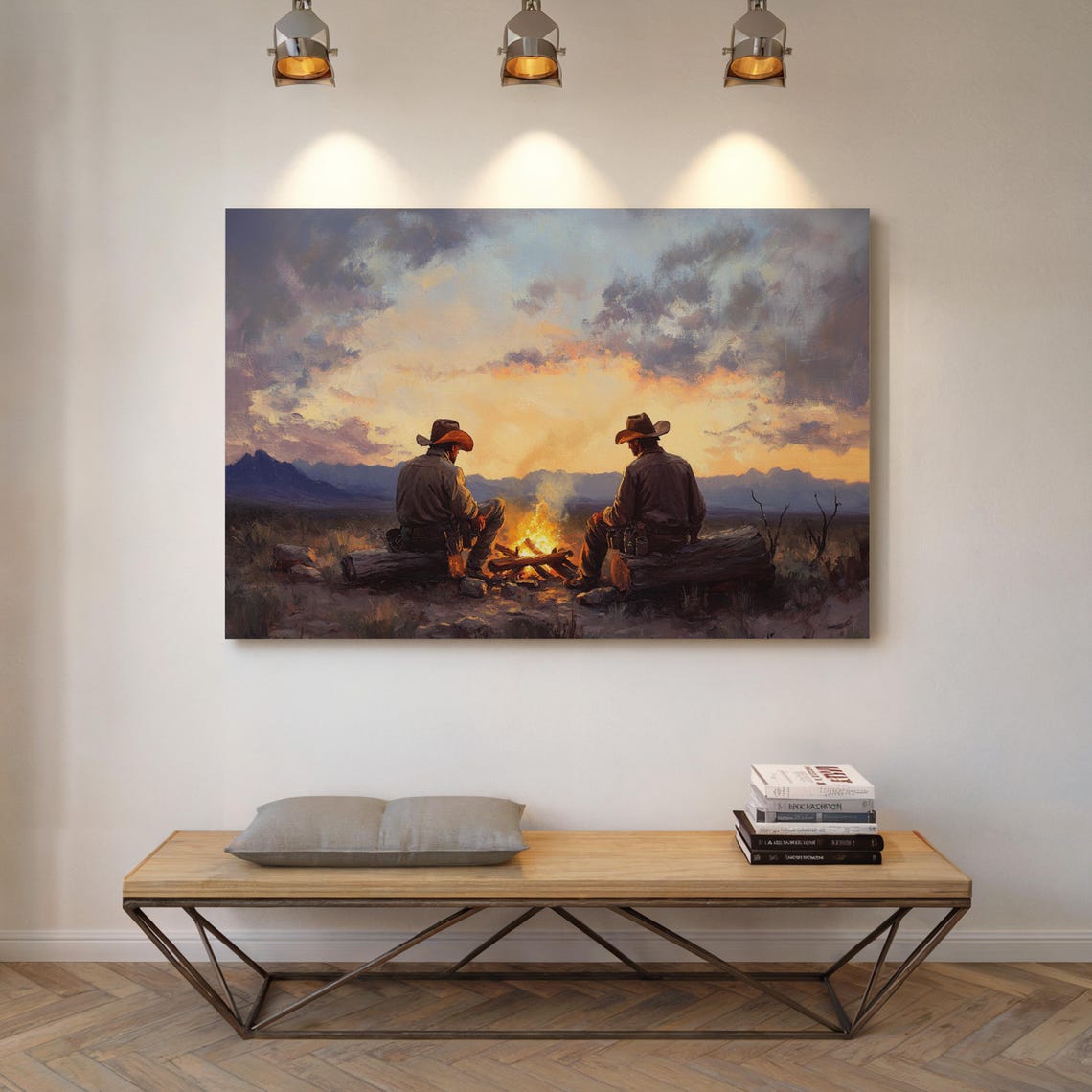 Cowboys by Campfire Under Dramatic Sunset Sky Western Art Poster - Image 5