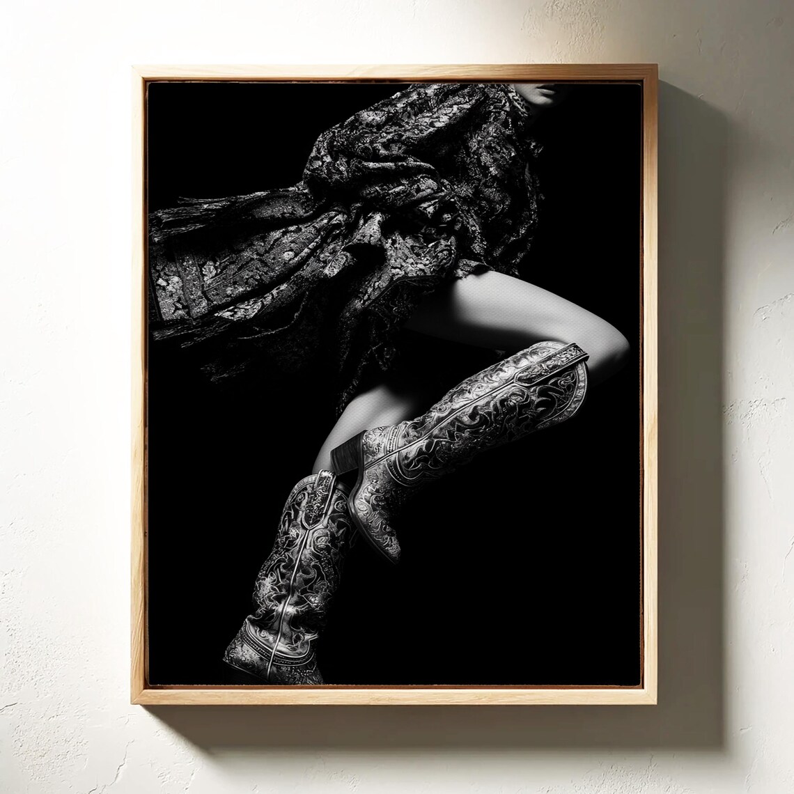 Ornate Cowboy Boots in Motion Fashion Black and White Photo Poster