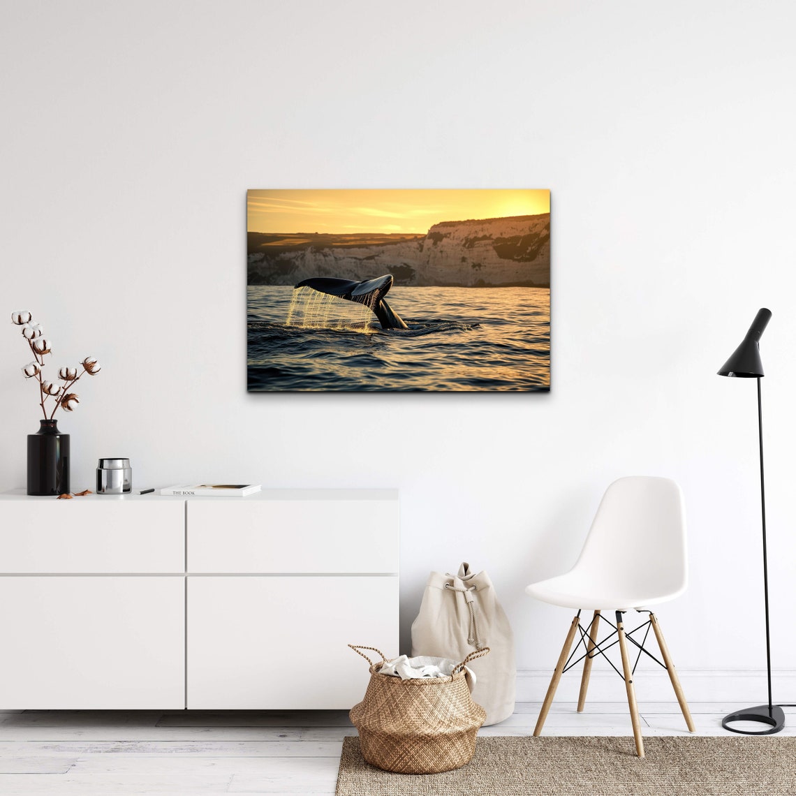 Whale Tail Splash Diving at Golden Sunset by Ocean Cliffs Poster - Image 3