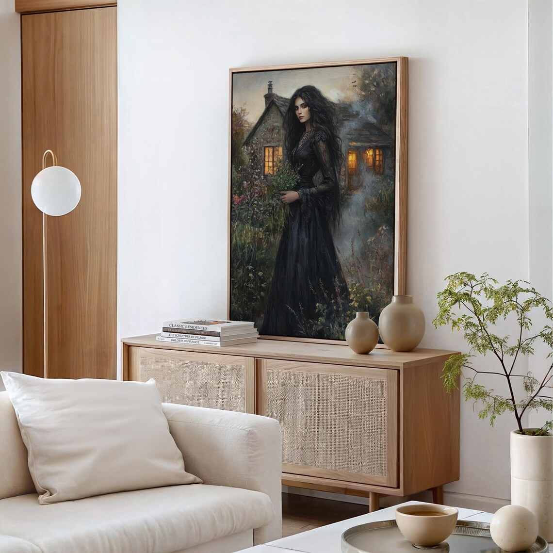 Mysterious Woman in Black Dress by a Glowing Cottage at Dusk Poster - Image 5