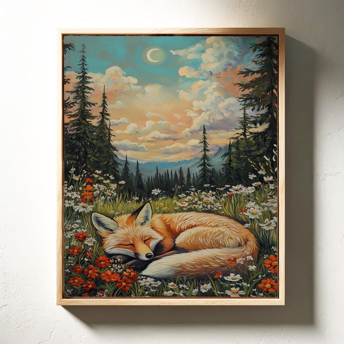 Sleeping Fox In Wildflower Meadow Pine Forest Moonlight Poster - Image 6