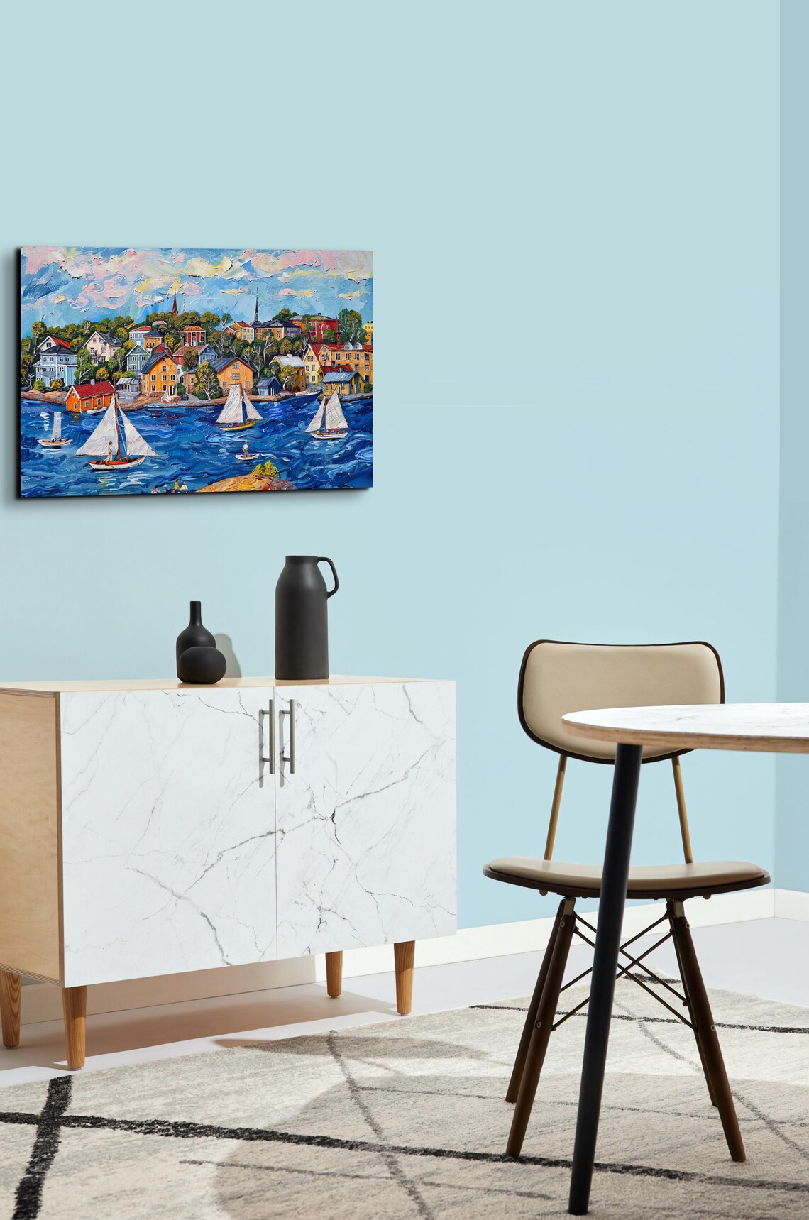 Coastal Village Sailboats Naive Art Style Harbor Painting Poster - Image 7