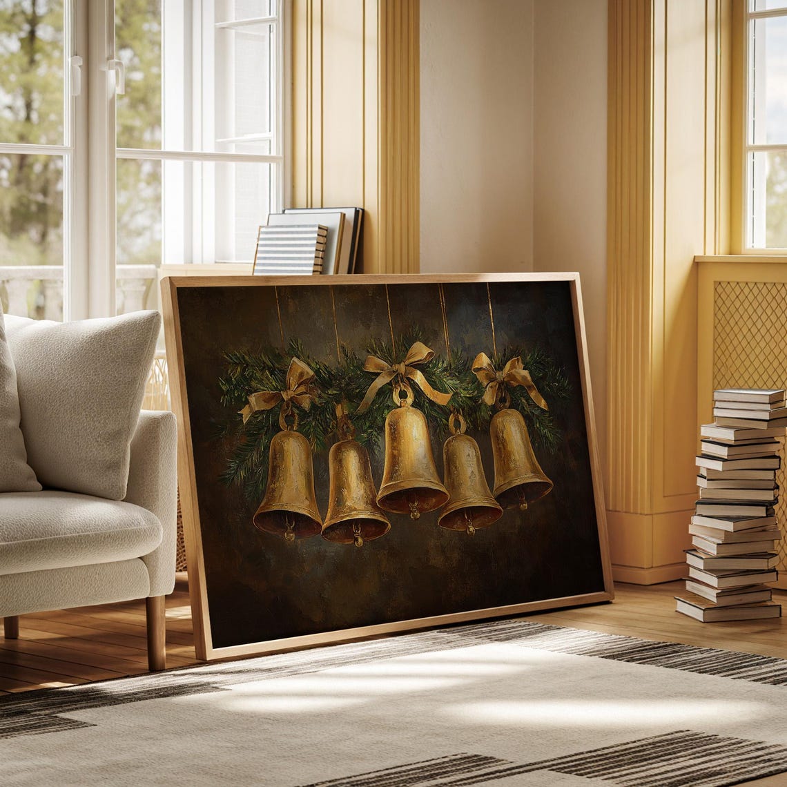Golden Christmas Bells With Bows And Pine On Dark Vintage Wall Art - Image 3