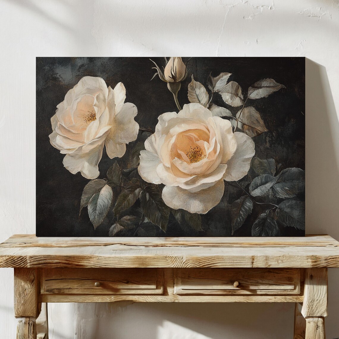 Cream Roses On Dark Background Romantic Vintage Oil Floral Poster - Image 7