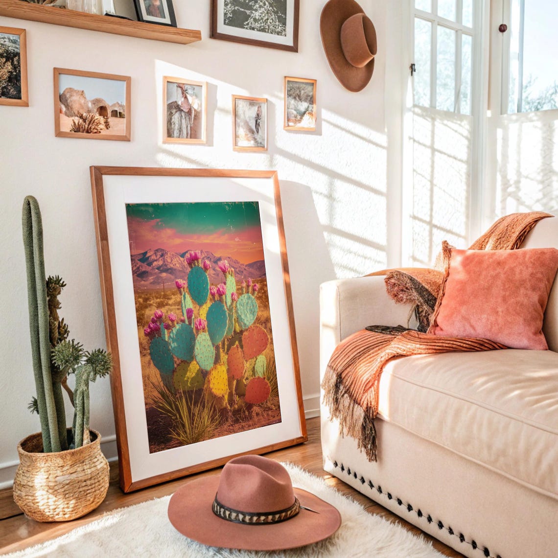 Colorful Prickly Pear Cactus Pink Blooms Desert Sunset Art Poster