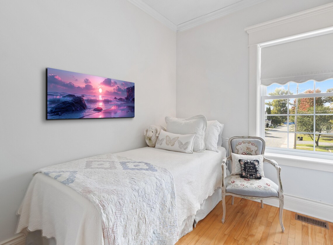 Pink Sunset Over Rocky Beach Purple Ocean Waves Panorama Wall Art - Image 5