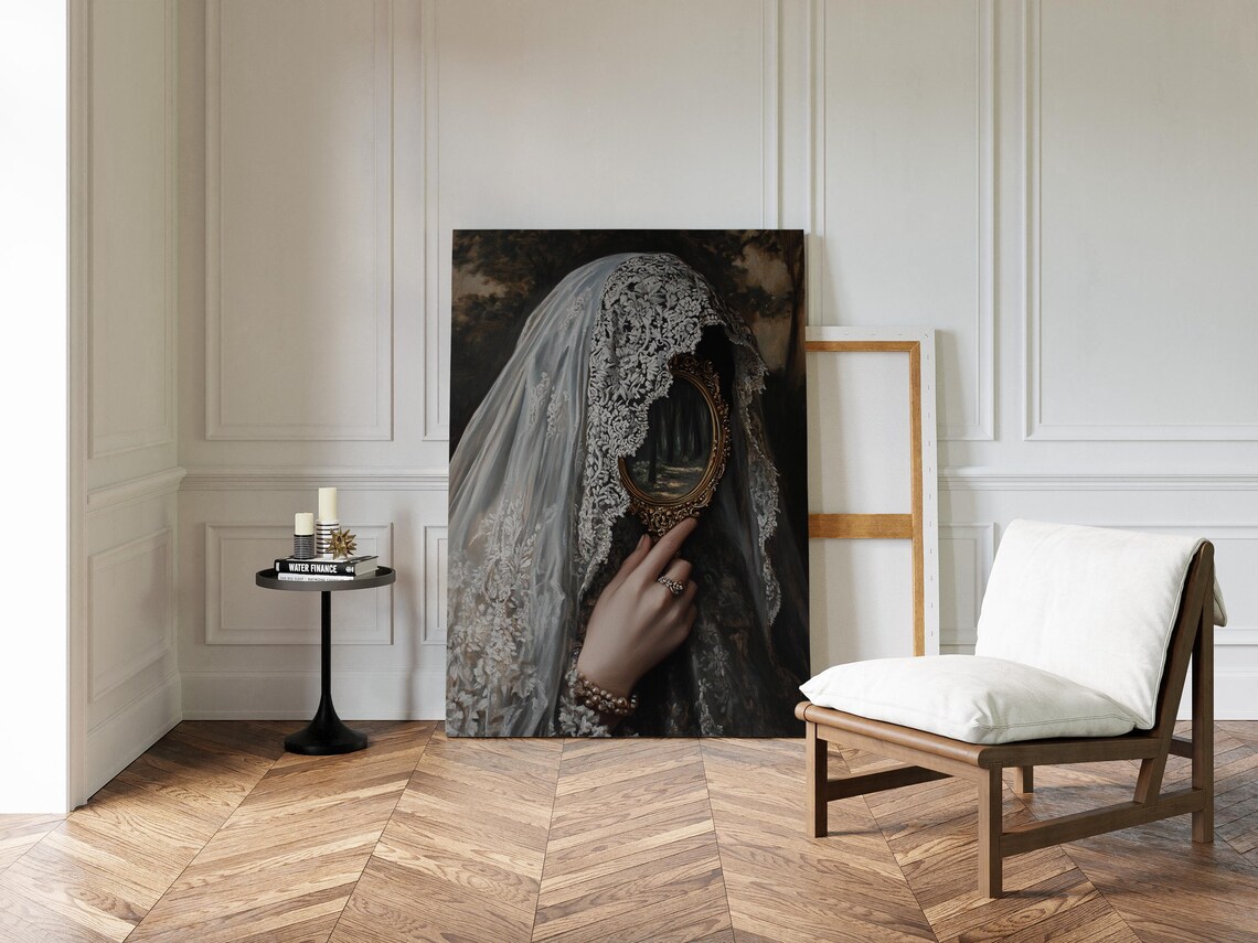 Veiled Figure With Ornate Mirror, Gothic Art Print - Image 2