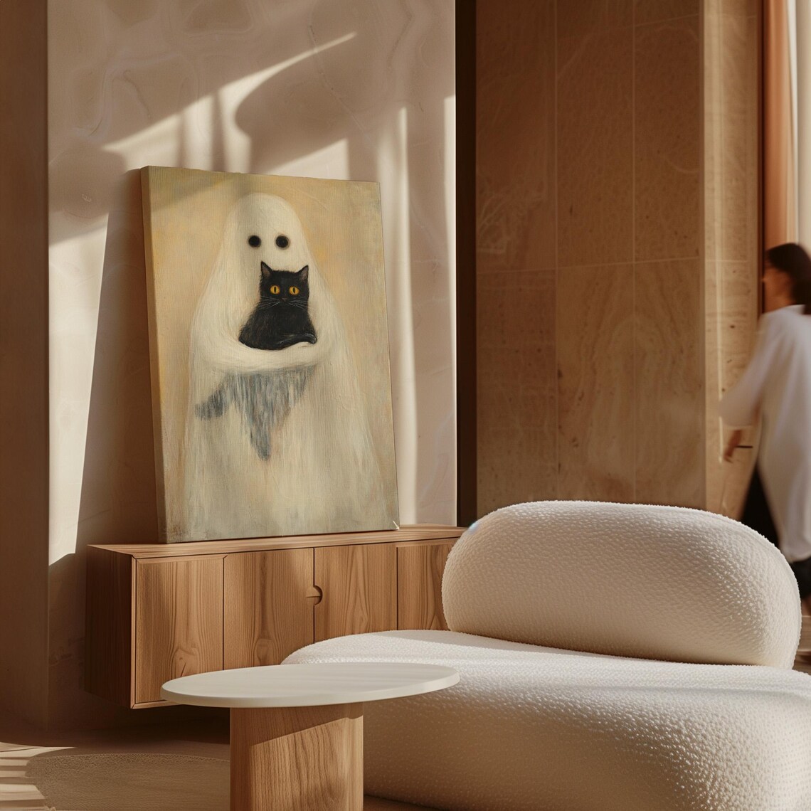 Friendly Ghost Hugging Black Cat Cute Spooky Halloween Minimal Wall Poster - Image 4