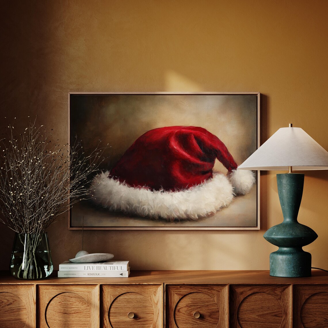 Rustic Santa Hat Christmas Still Life Art Print - Image 3