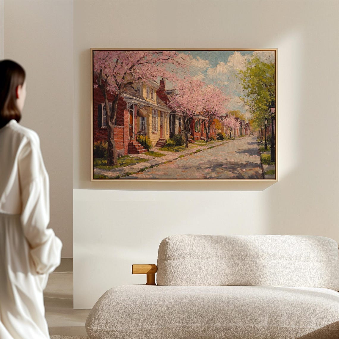 Cherry Blossom Street Springtime Brick Townhouse Row Scene Wall Art - Image 7