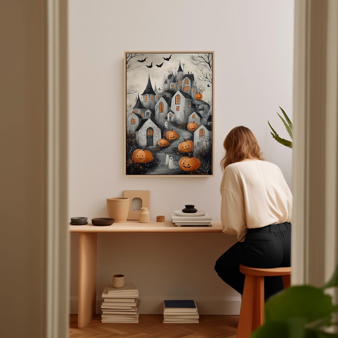 Spooky Haunted Village Pumpkins Ghosts and Bats Halloween Wall Art Print - Image 2