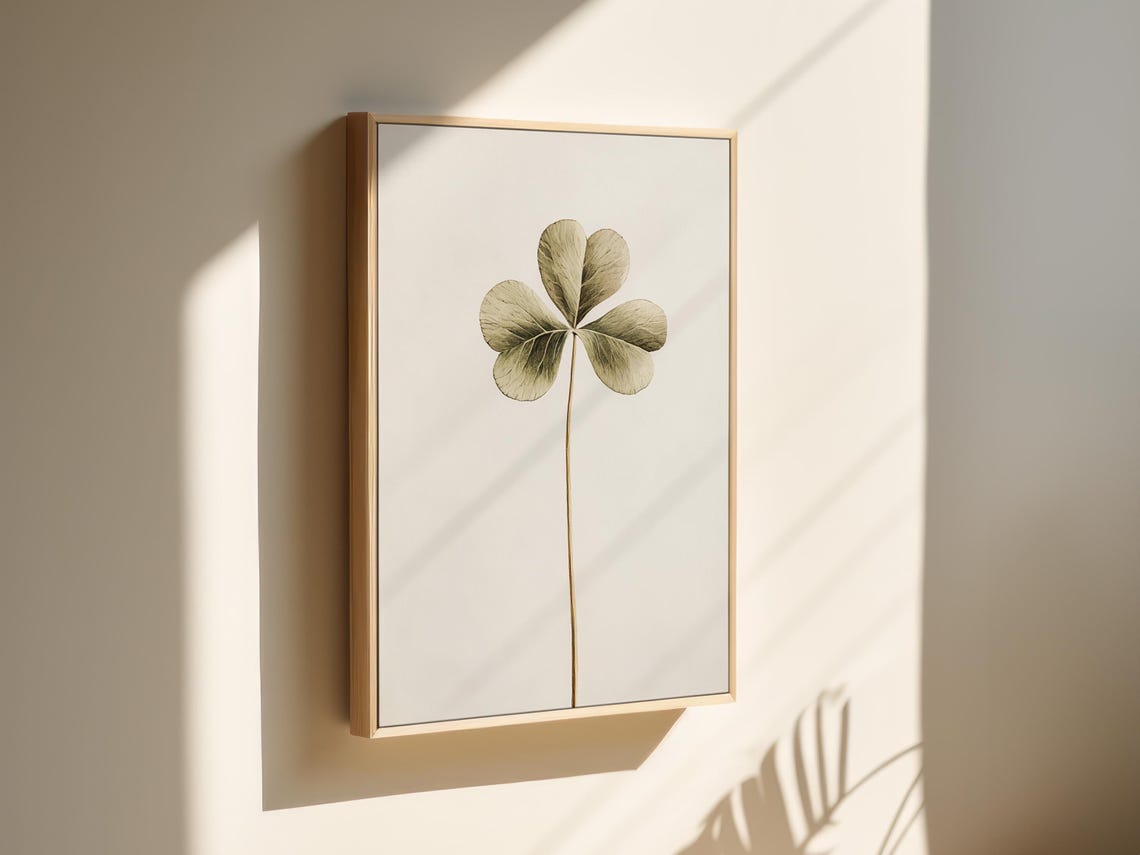 Minimalist Four Leaf Clover White Botanical Modern Art Print