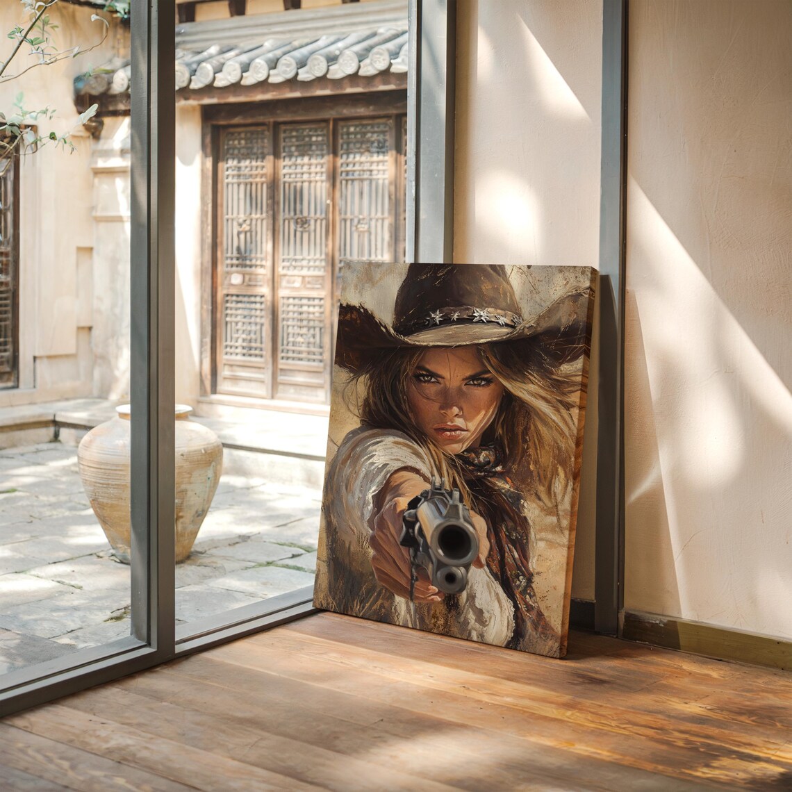 Revolver Cowgirl Pointing Gun Western Star Hat Portrait Poster - Image 3