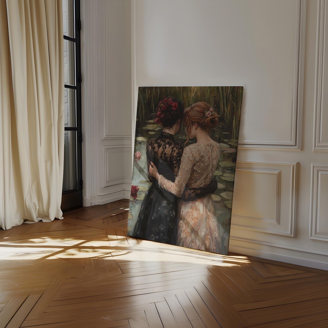 Two Women Embracing by a Lily Pond Romantic Vintage Oil Painting Print - Image 3
