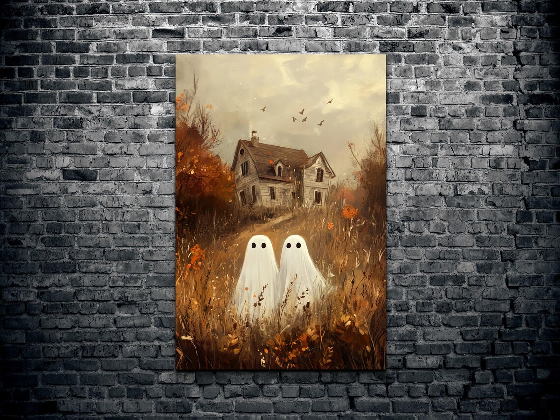 Two Ghost Friends Old House Golden Field Halloween Art Poster - Image 2