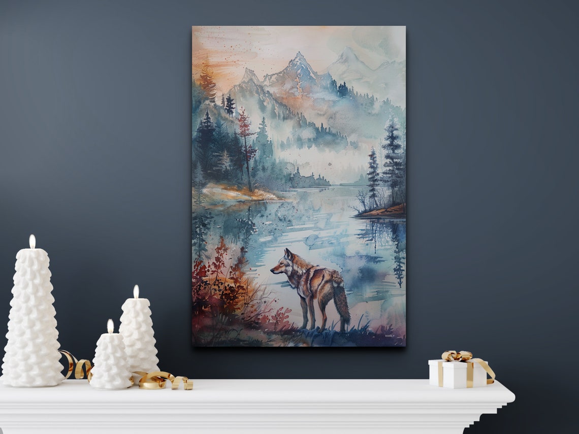 Watercolor Wolf Naturescape Art Print