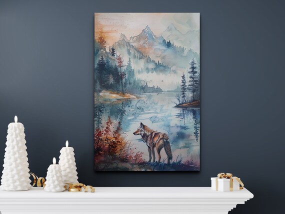 Watercolor Wolf Naturescape Art Print