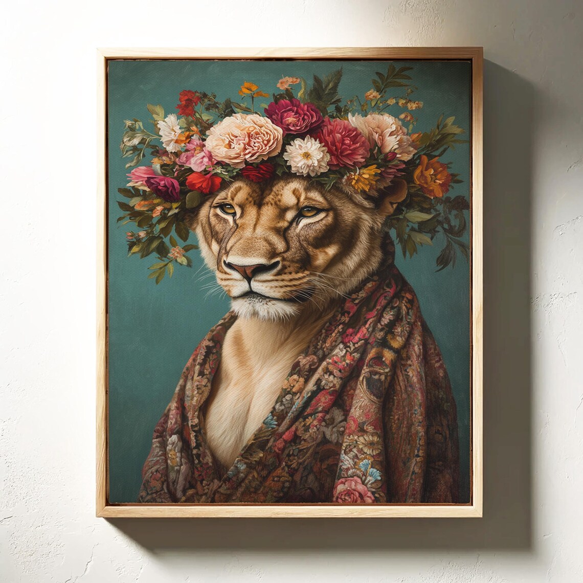 Lioness Wearing Vibrant Flower Crown Floral Shawl Boho Portrait Poster - Image 6