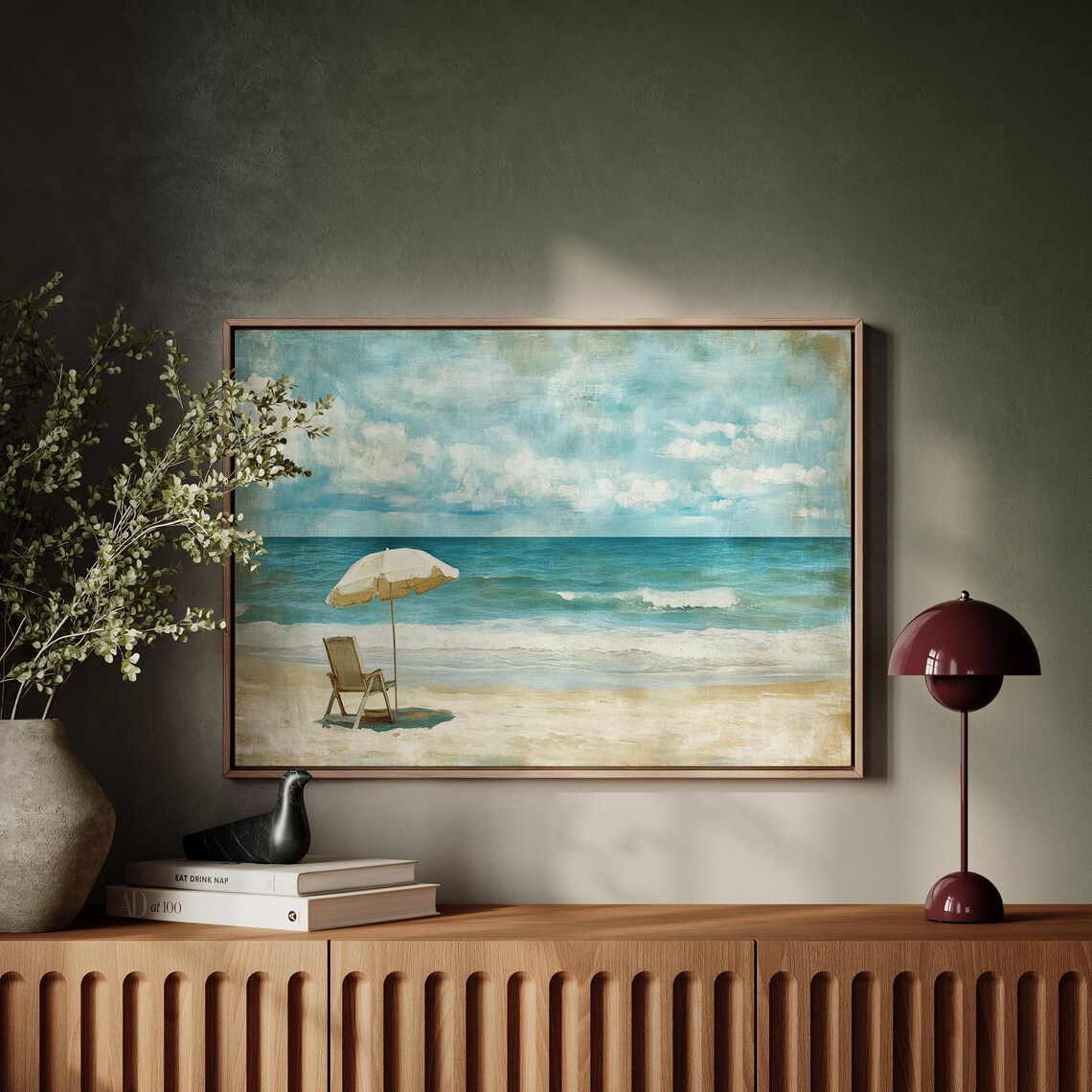 Vintage Beach Umbrella Wooden Chair Coastal Ocean Waves Poster - Image 5