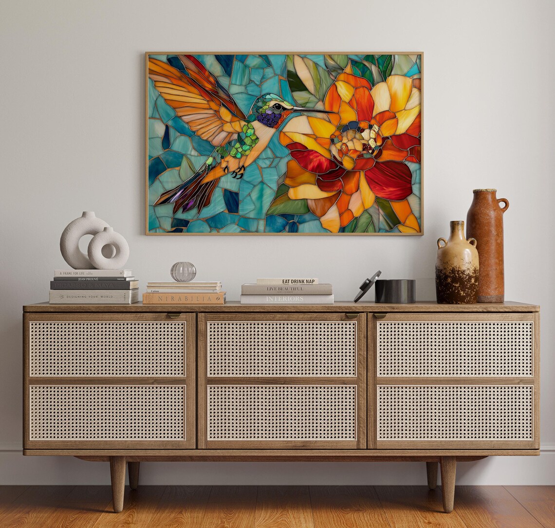 Stained Glass Hummingbird And Flower Vibrant Colorful Nature Poster