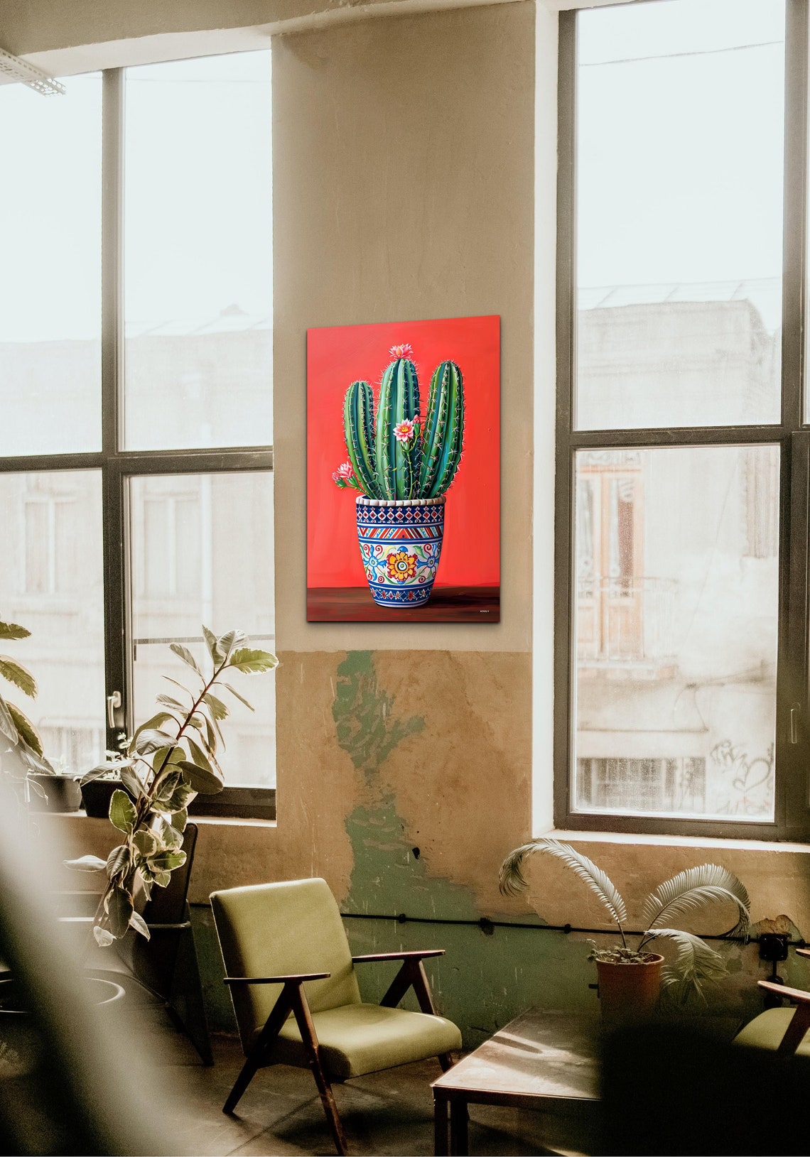 Flowering Cactus Patterned Pot Coral Background Southwest Wall Art - Image 4