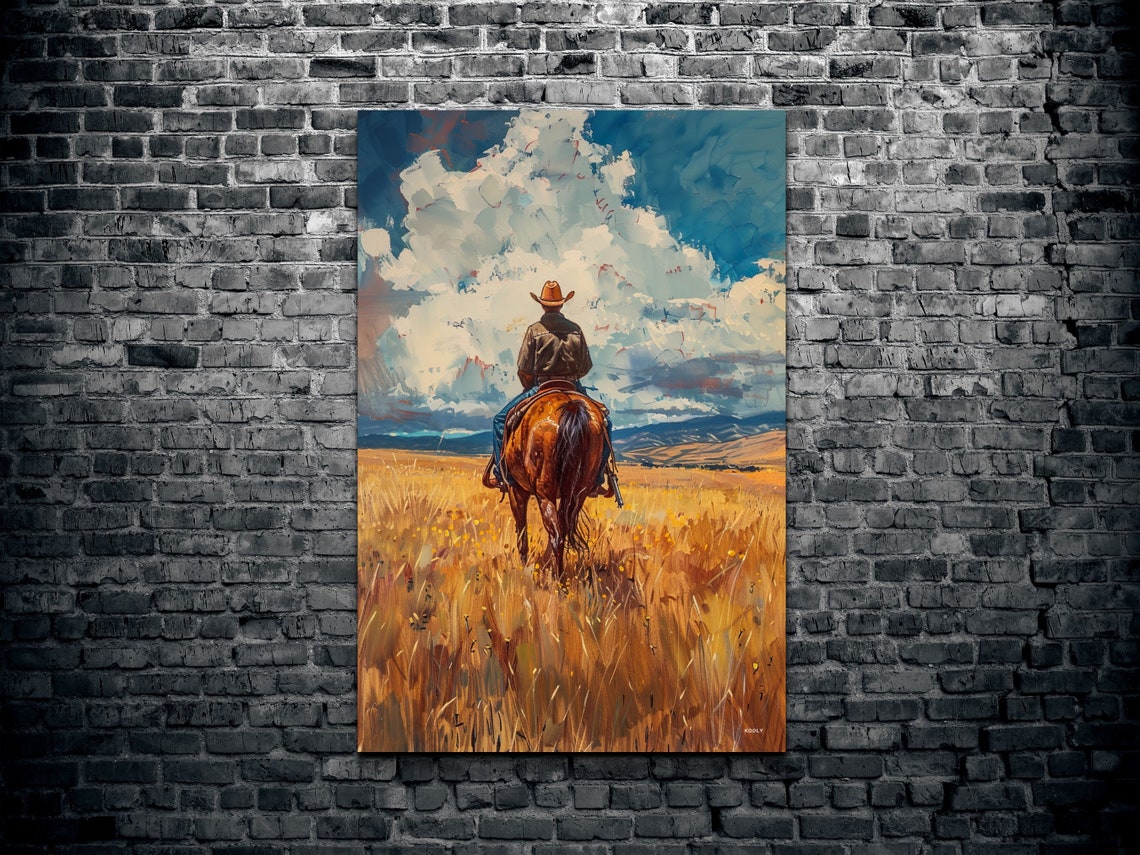 Cowboy Riding Horse Into Golden Horizon Under Dramatic Clouds Poster - Image 2