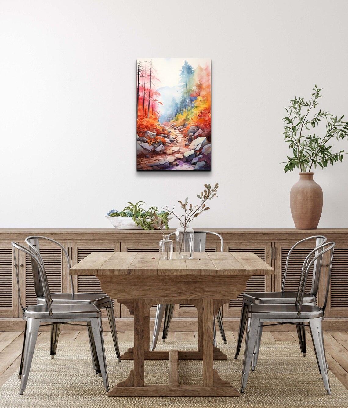 Rocky Hiking Trail Through Autumn Forest Watercolor Art Poster - Image 5